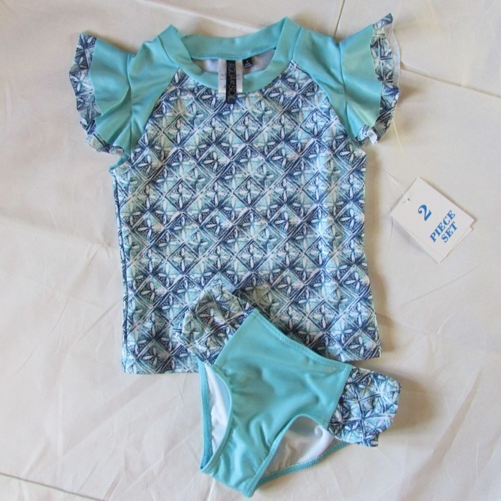 Aqua et Sol Girl's Size 4 Rashguard & Bikini Bottom 2 Pc Swimsuit Set